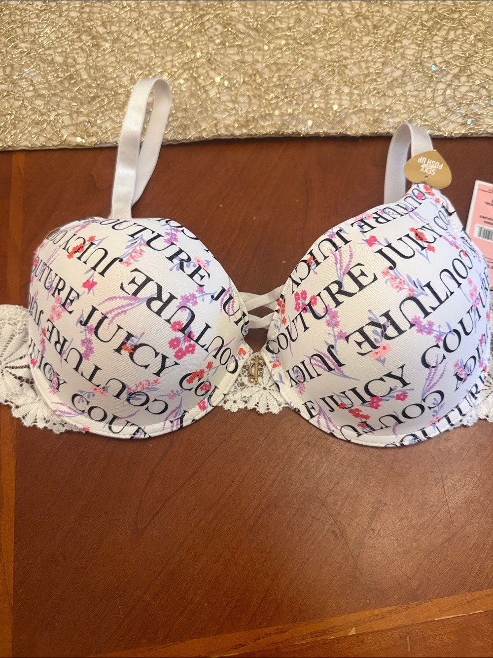Juicy Couture White Logo Floral Lace Trim Push-Up Bra